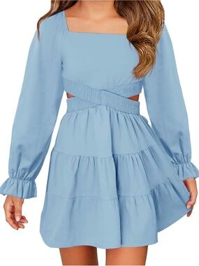 Girls Light Blue Long-Sleeve Tiered Dress with Cutout Waist
